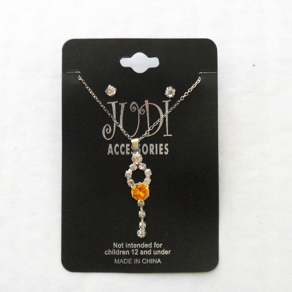 Yellow Crystal Necklace Set Silver Tone